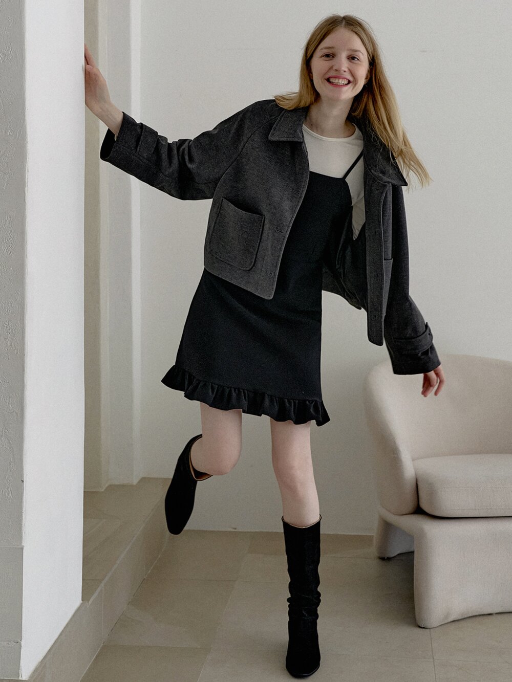 Herringbone Trucker Jacket - CHARCOAL