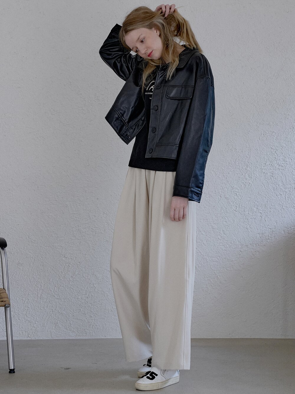 Poly Spandex Wide Banding Pants - CREAM