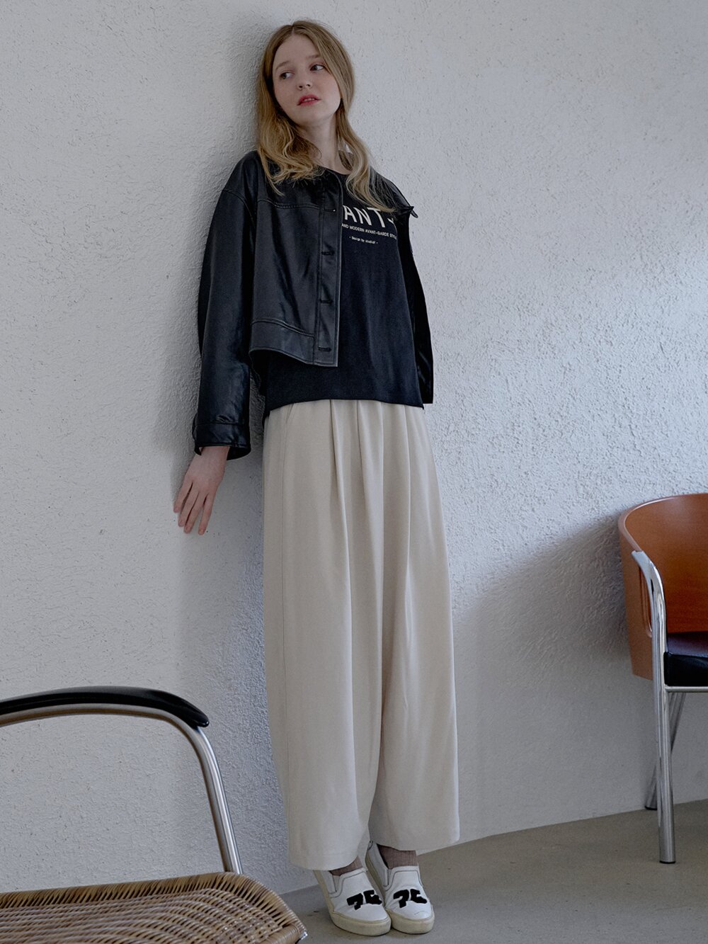 Poly Spandex Wide Banding Pants - CREAM