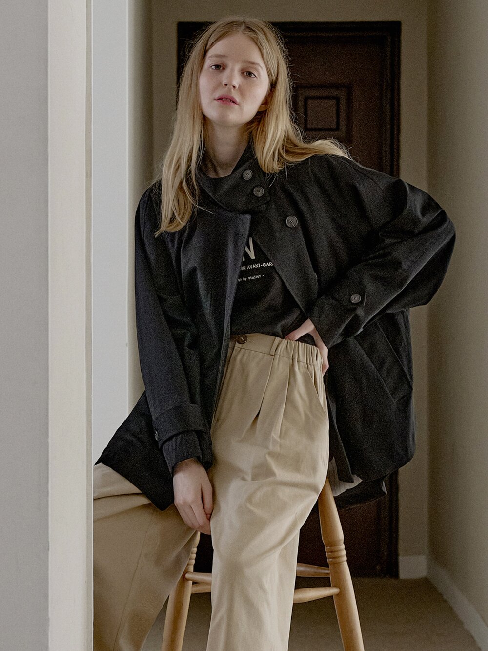 Cotton Banding Dart Baggy Pants - BEIGE