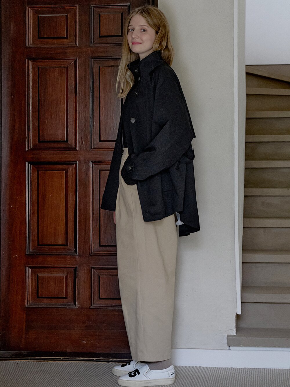 Cotton Banding Dart Baggy Pants - BEIGE