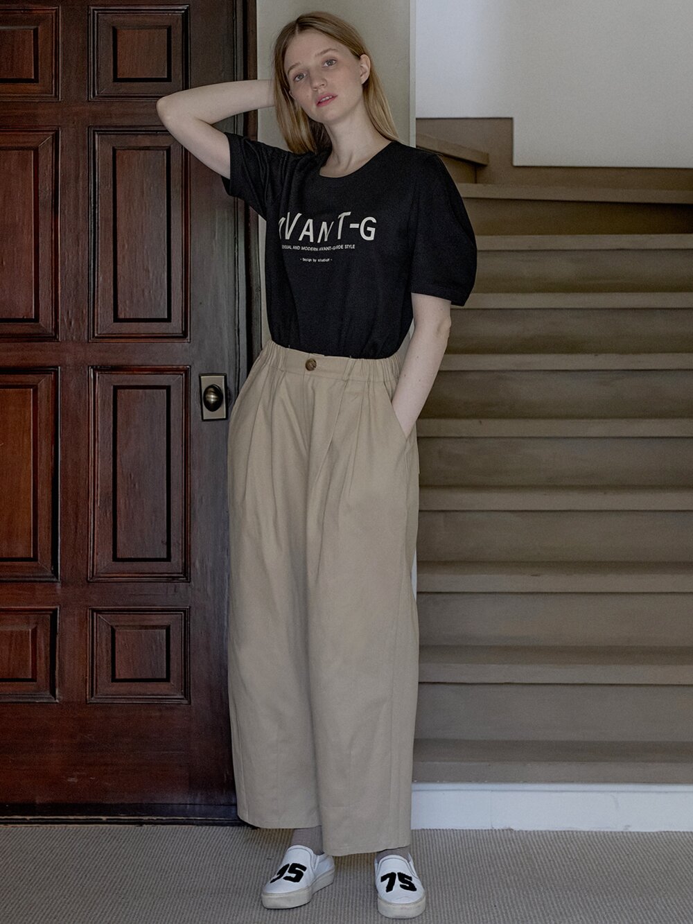 Cotton Banding Dart Baggy Pants - BEIGE