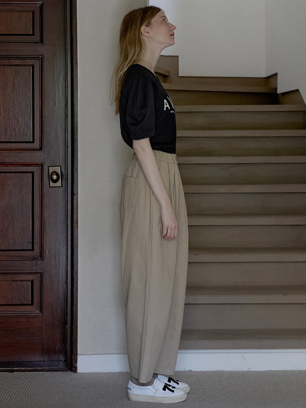 Cotton Banding Dart Baggy Pants - BEIGE