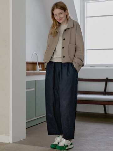 Cotton Banding Dart Baggy Pants - NAVY