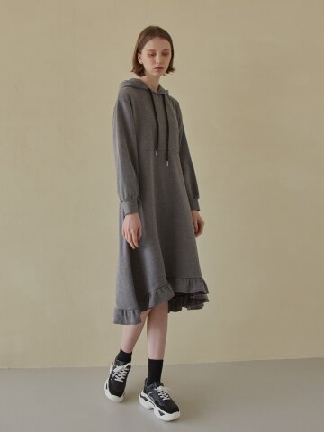 Hooded Frill Long Dress - Charcoal