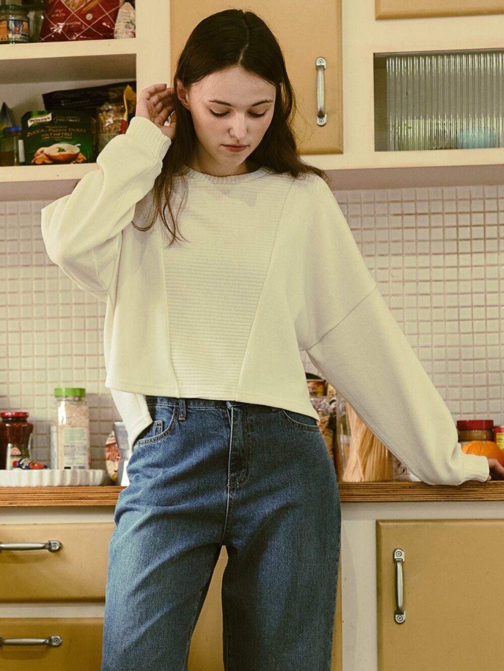 Knitted Long Sleeve Cropped T-shirt - Ivory