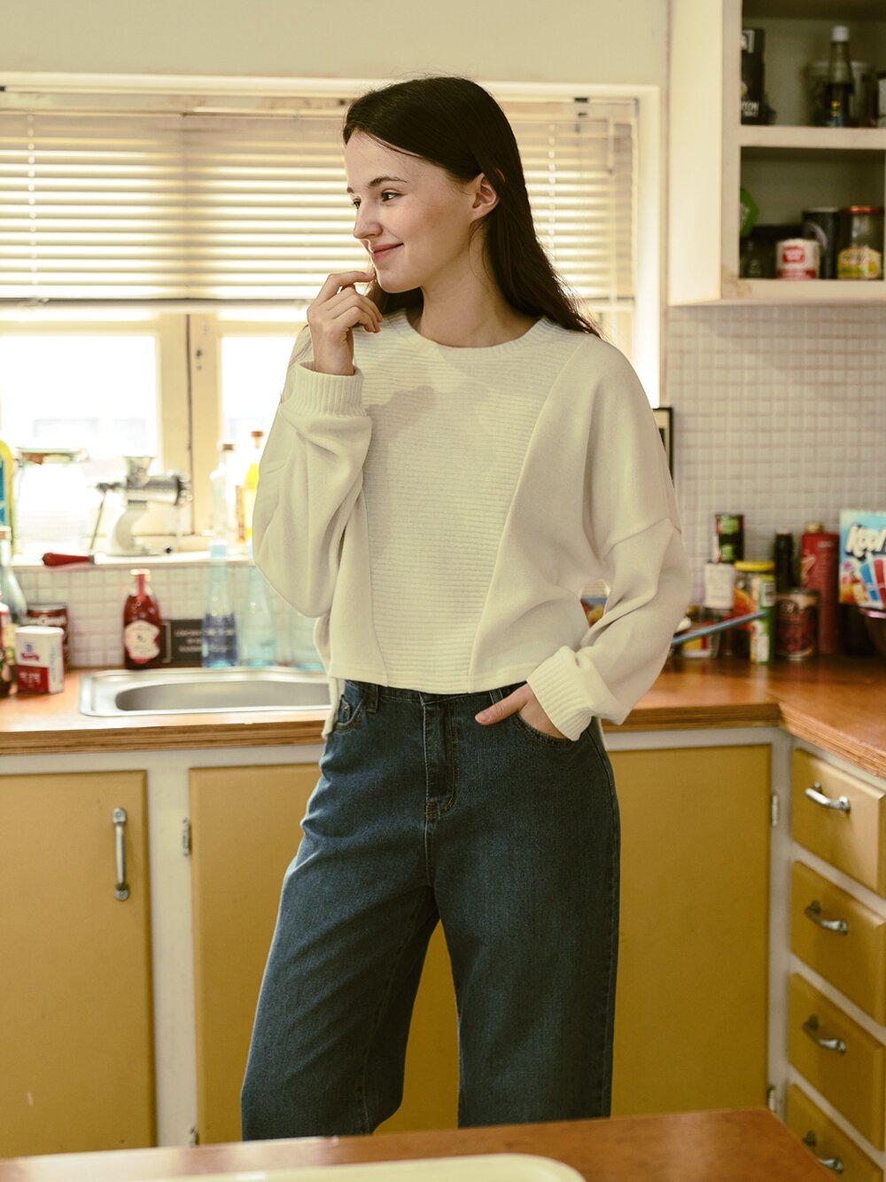 Knitted Long Sleeve Cropped T-shirt - Ivory