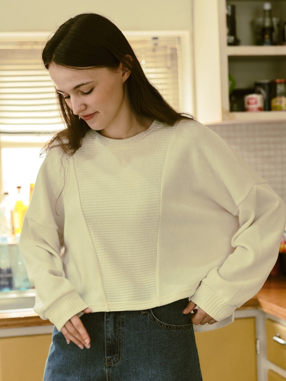Knitted Long Sleeve Cropped T-shirt - Ivory
