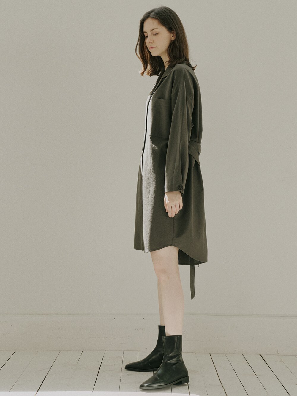 Overfit Shirt Long Sleeve Dress - KHAKI