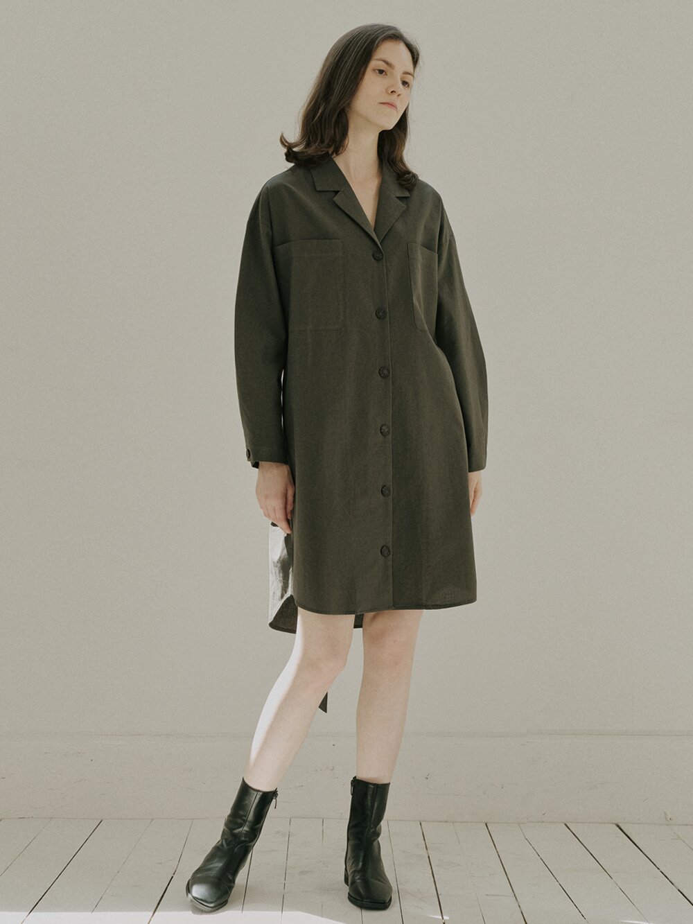 Overfit Shirt Long Sleeve Dress - KHAKI