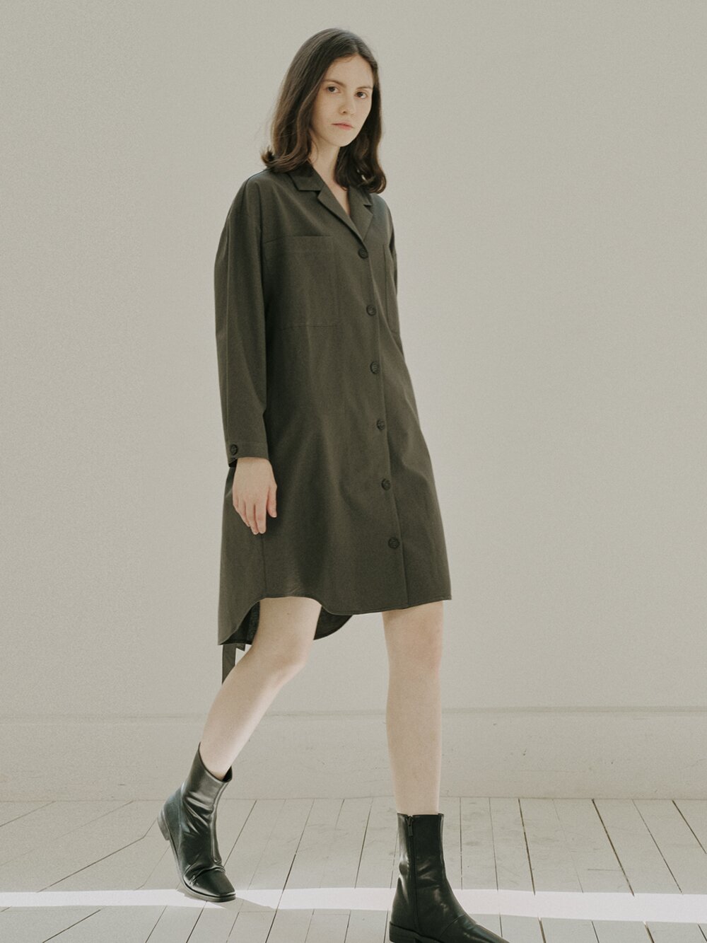 Overfit Shirt Long Sleeve Dress - KHAKI