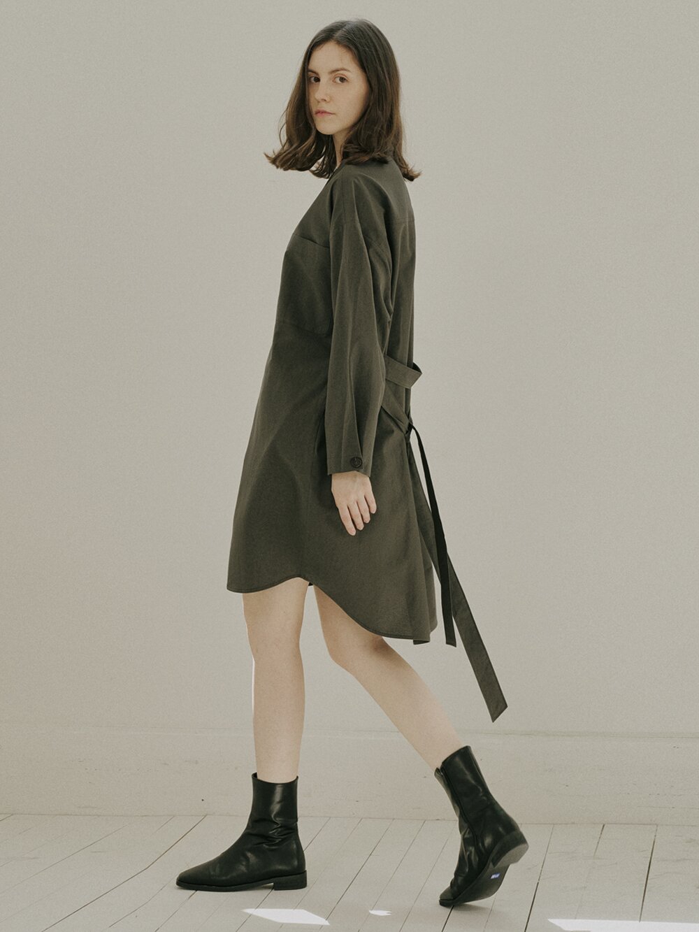 Overfit Shirt Long Sleeve Dress - KHAKI