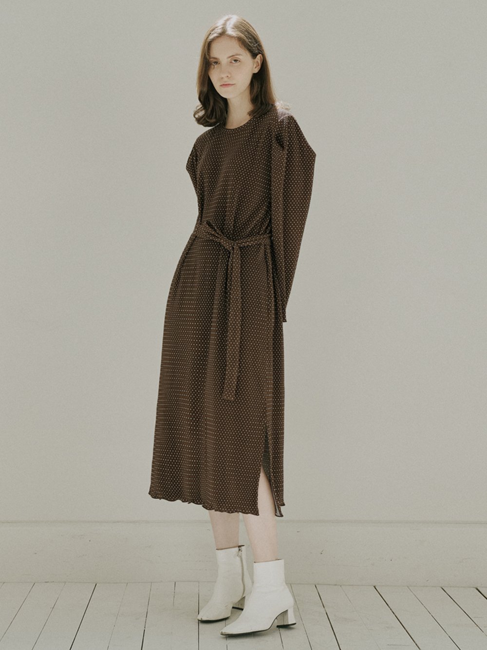 Brown Dot Belt Long Dress - BROWN