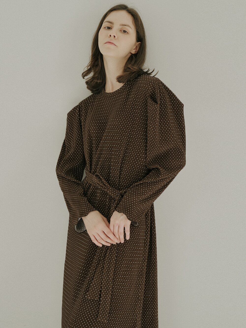 Brown Dot Belt Long Dress - BROWN