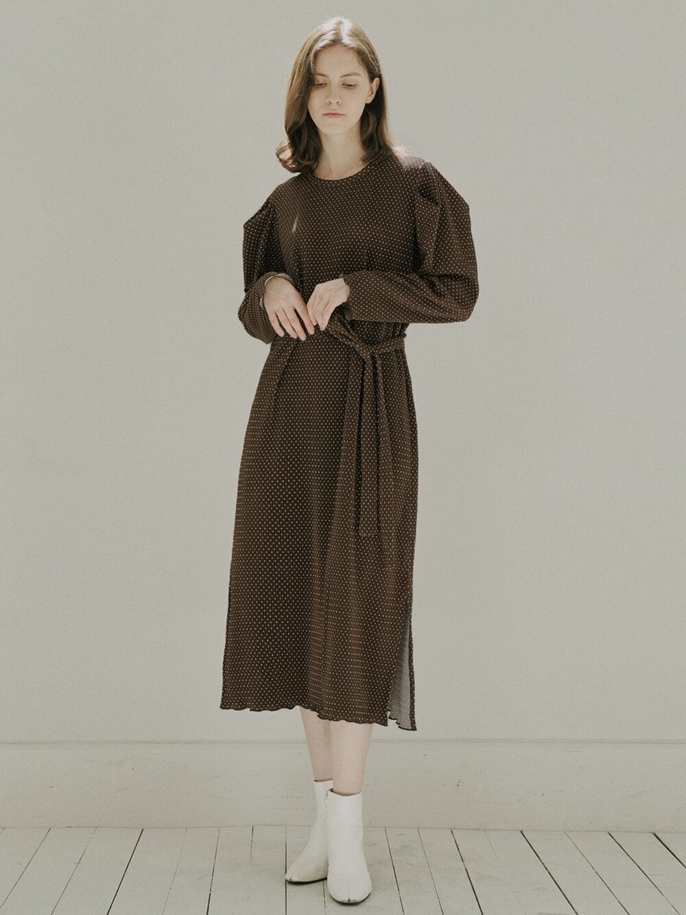 Brown Dot Belt Long Dress - BROWN