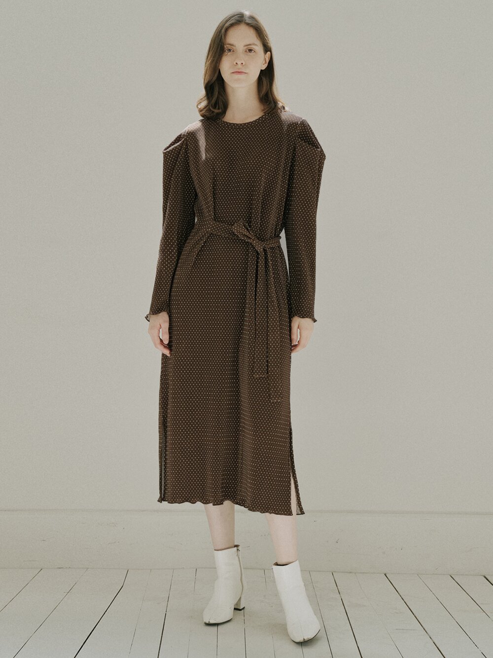 Brown Dot Belt Long Dress - BROWN