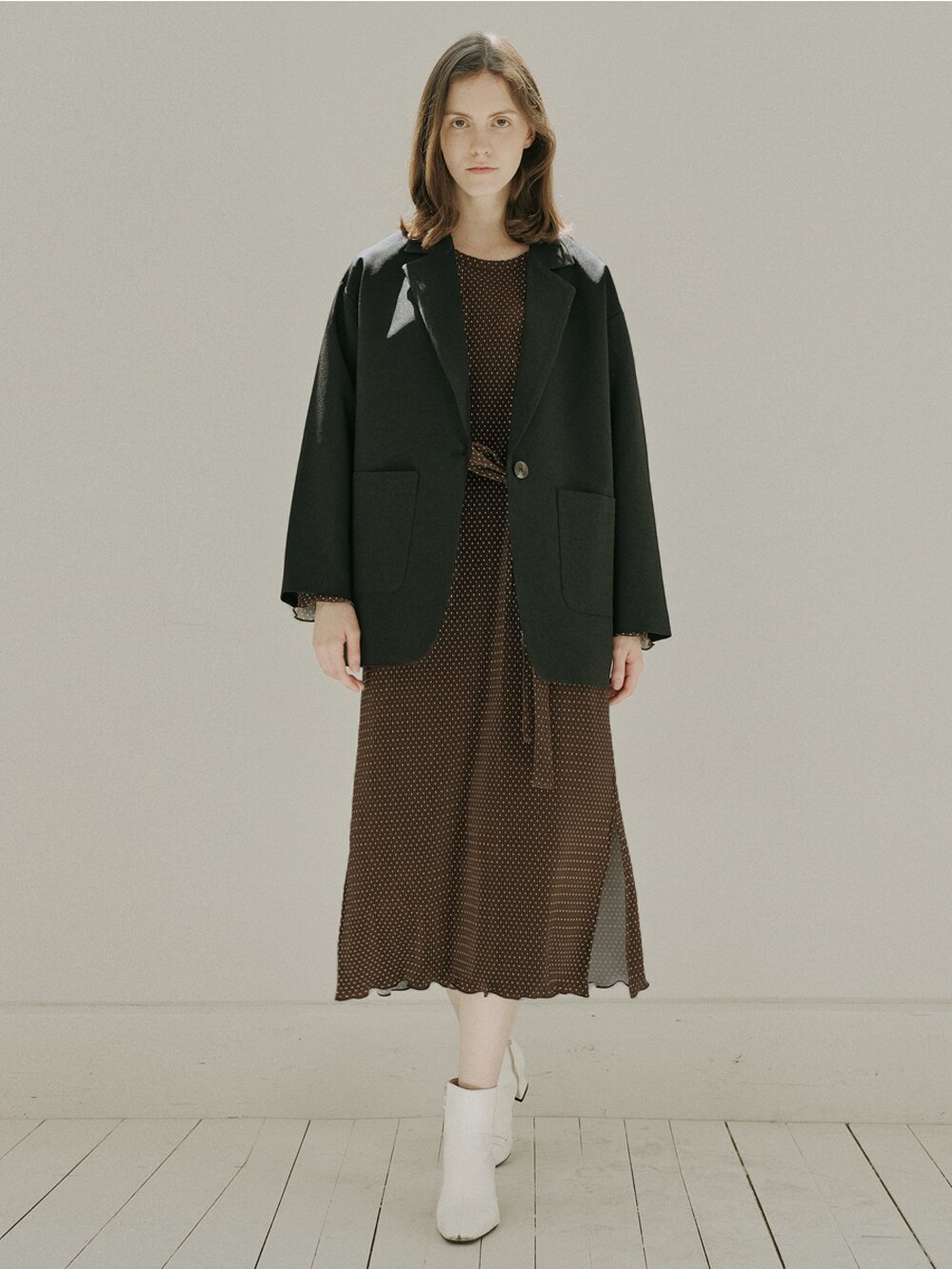 Brown Dot Belt Long Dress - BROWN