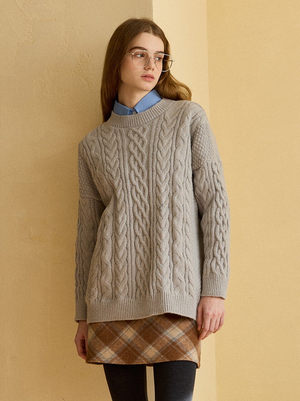 WOOL BLENDED CHECK SKIRT_BROWN