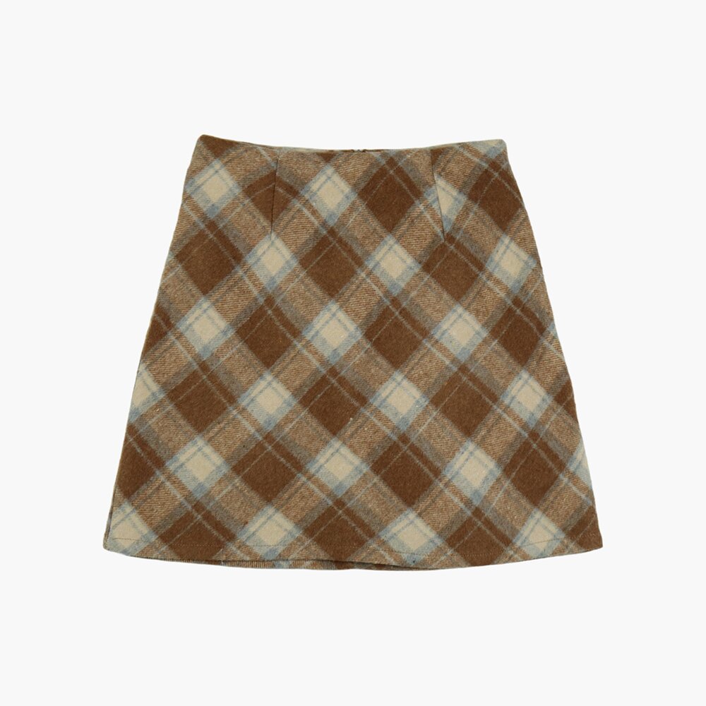 WOOL BLENDED CHECK SKIRT_BROWN