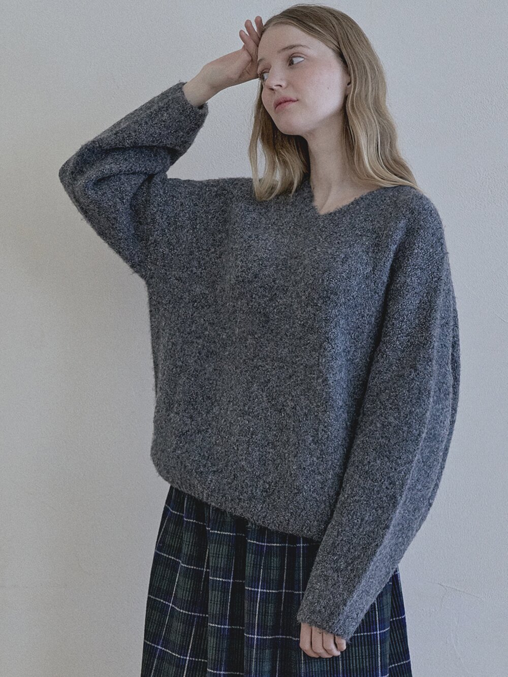 Boucle V-neck Knit Pullover - CHARCOAL