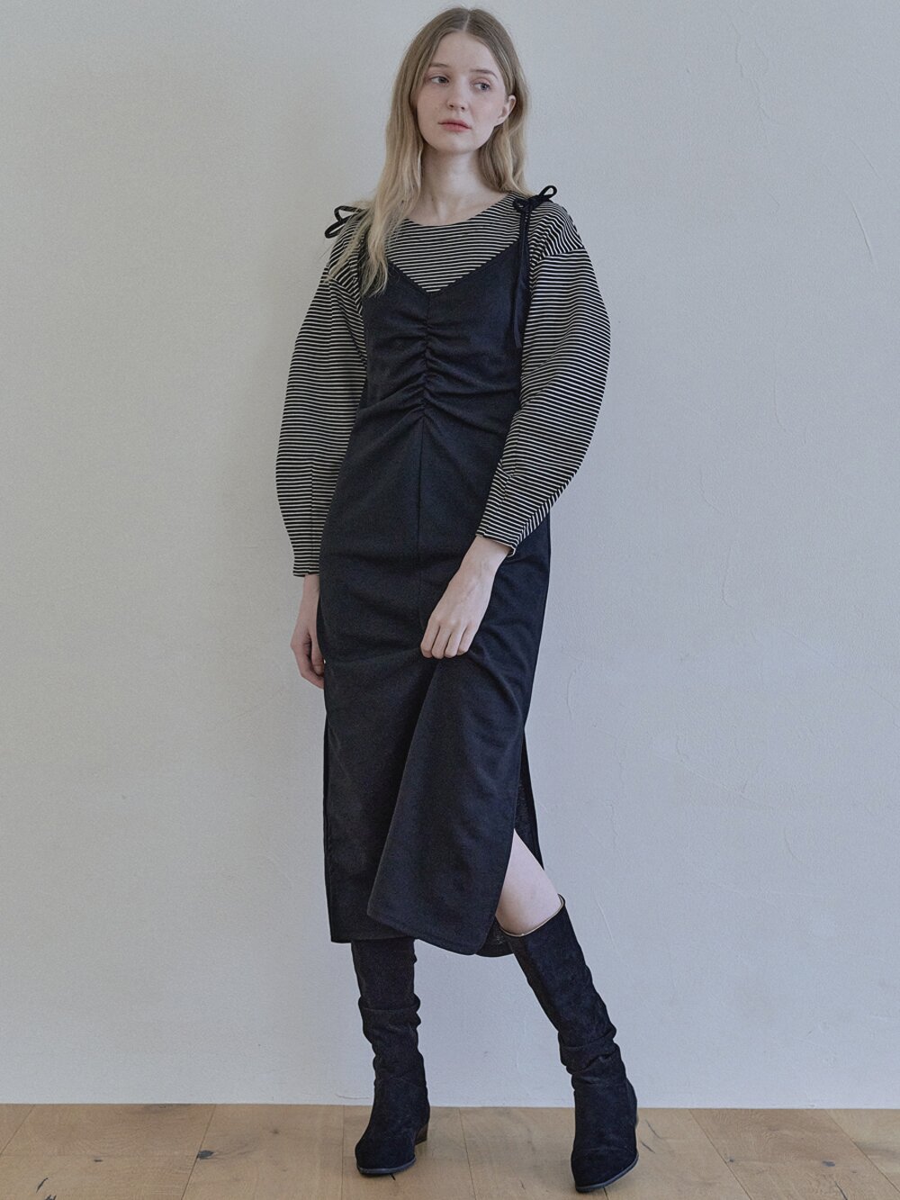 Black Shirring Long Dress -BLACK