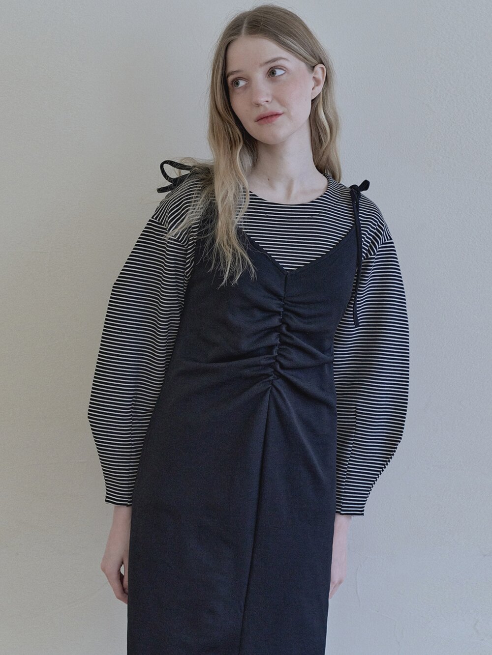 Black Shirring Long Dress -BLACK
