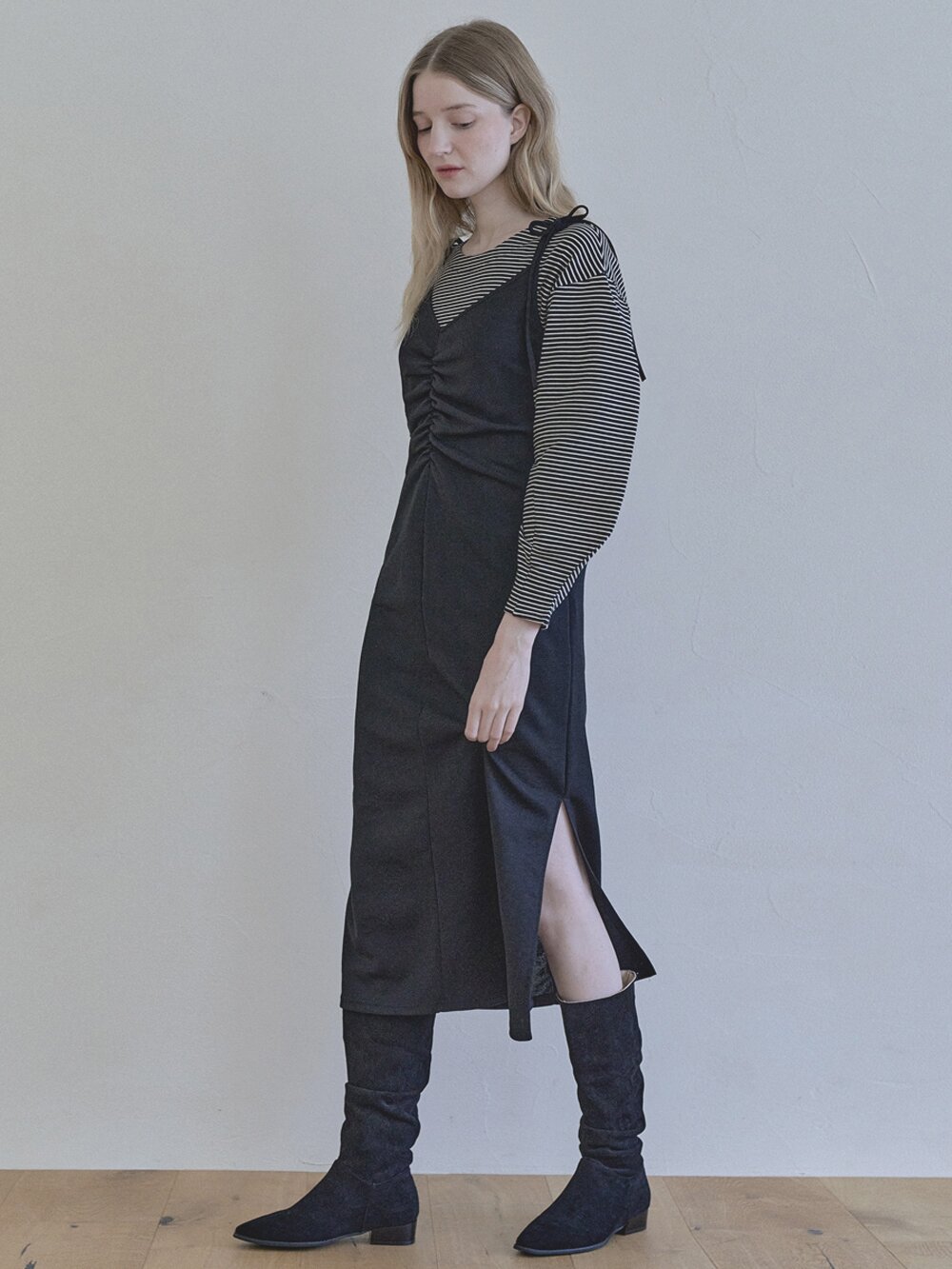 Black Shirring Long Dress -BLACK