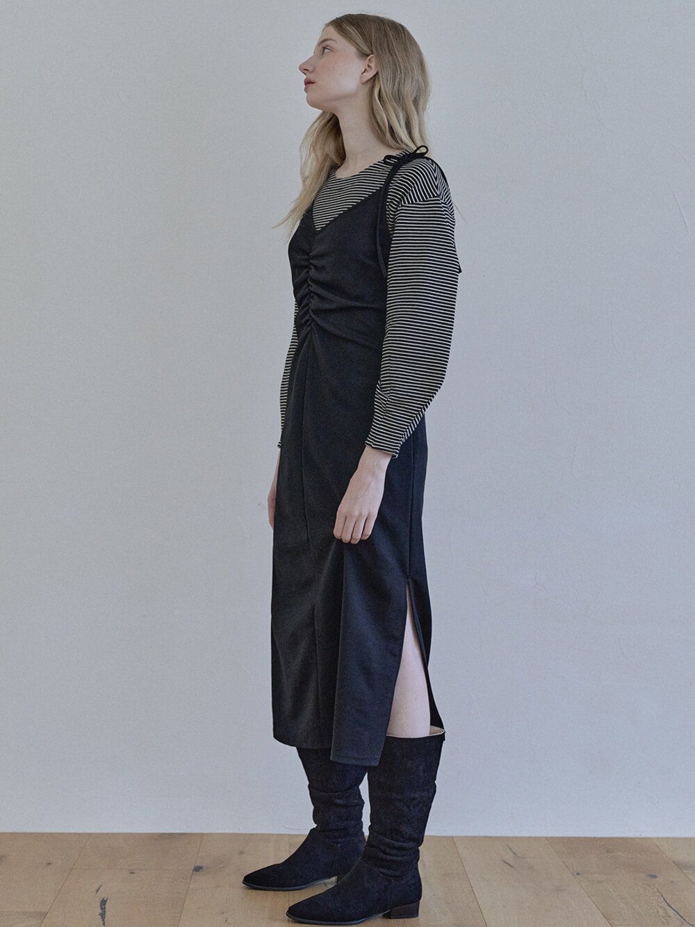 Black Shirring Long Dress -BLACK