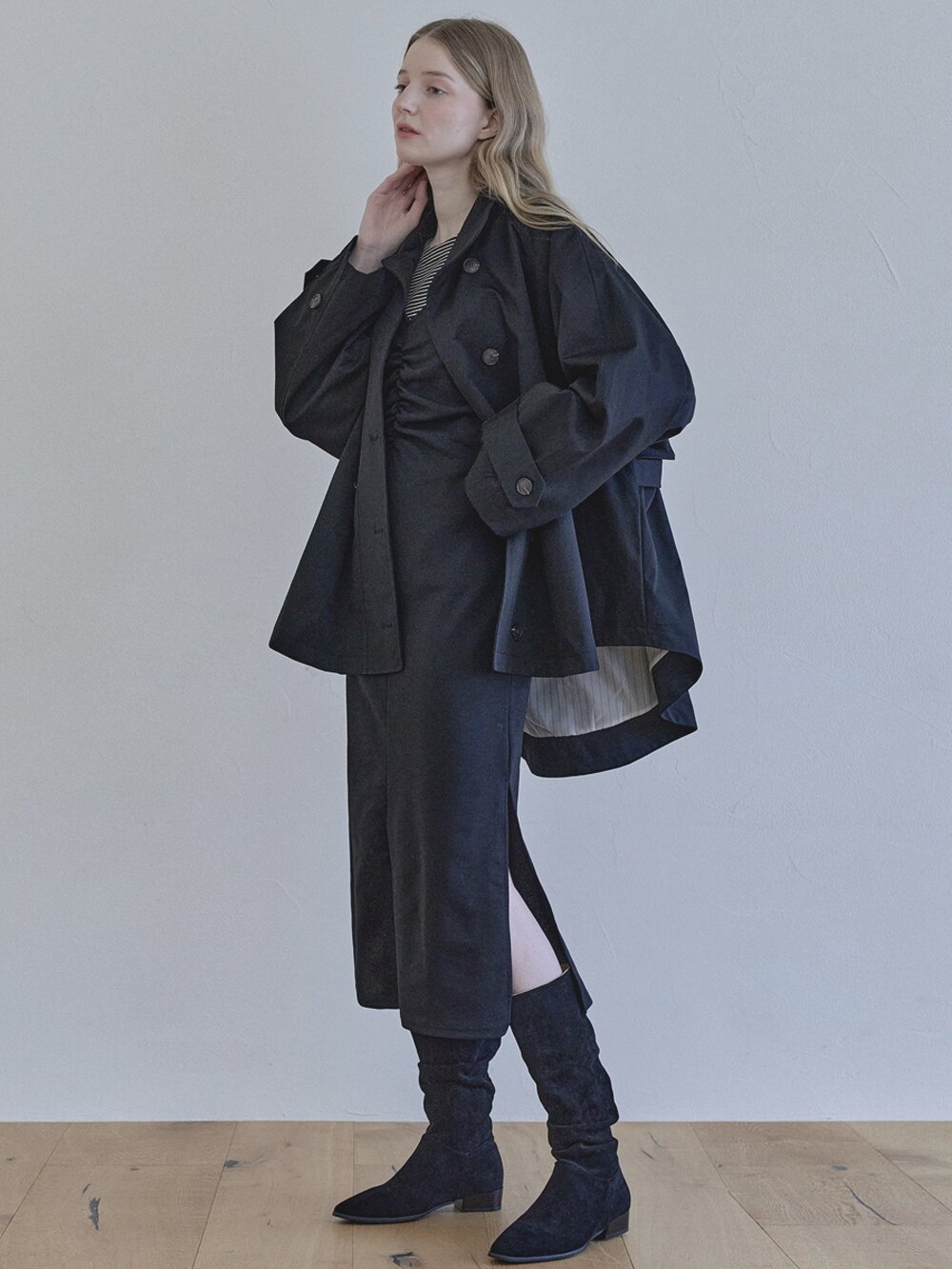 Black Shirring Long Dress -BLACK
