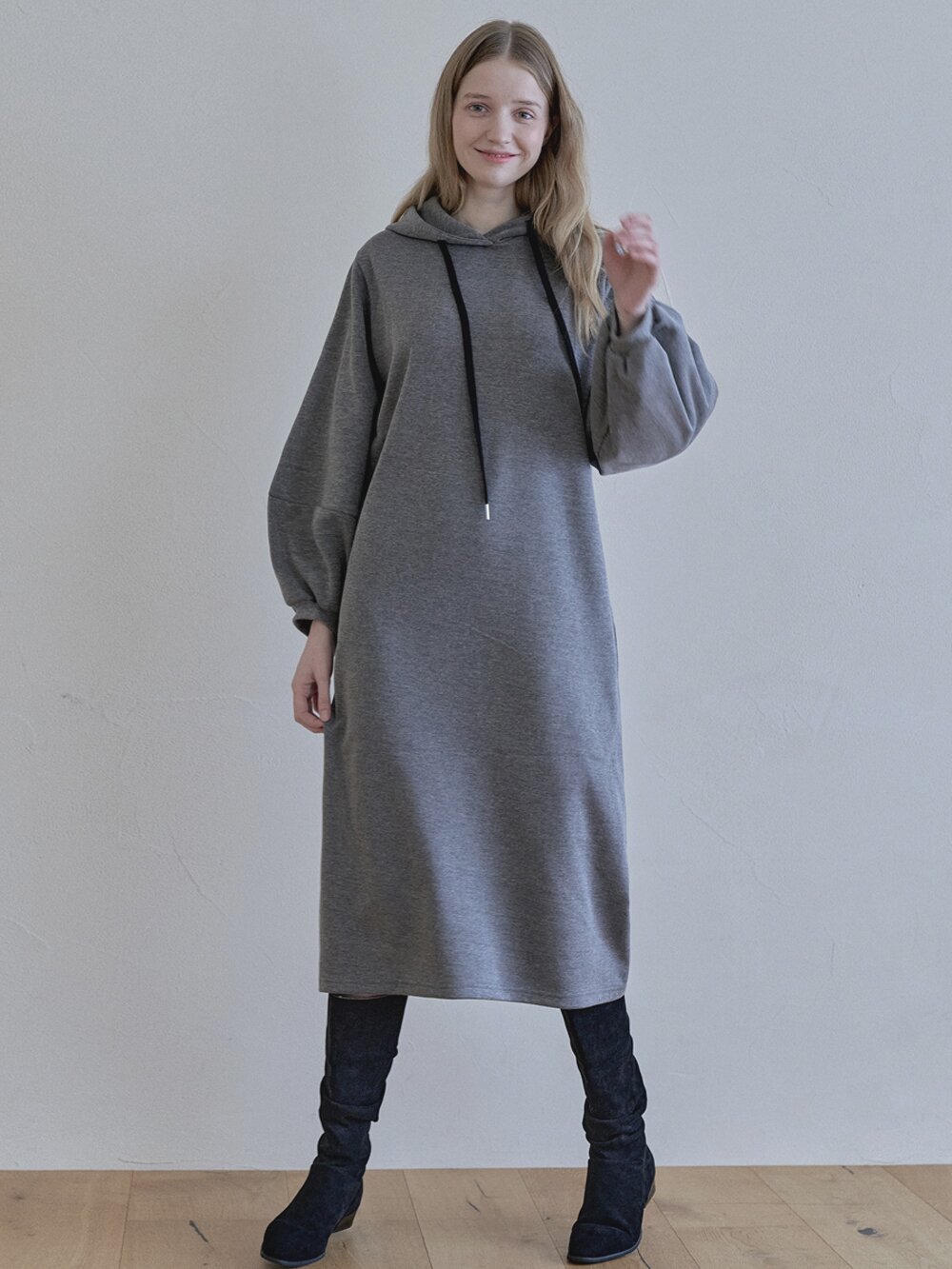 Volume Sleeve Long Hooded Dress - CHARCOAL (기모)