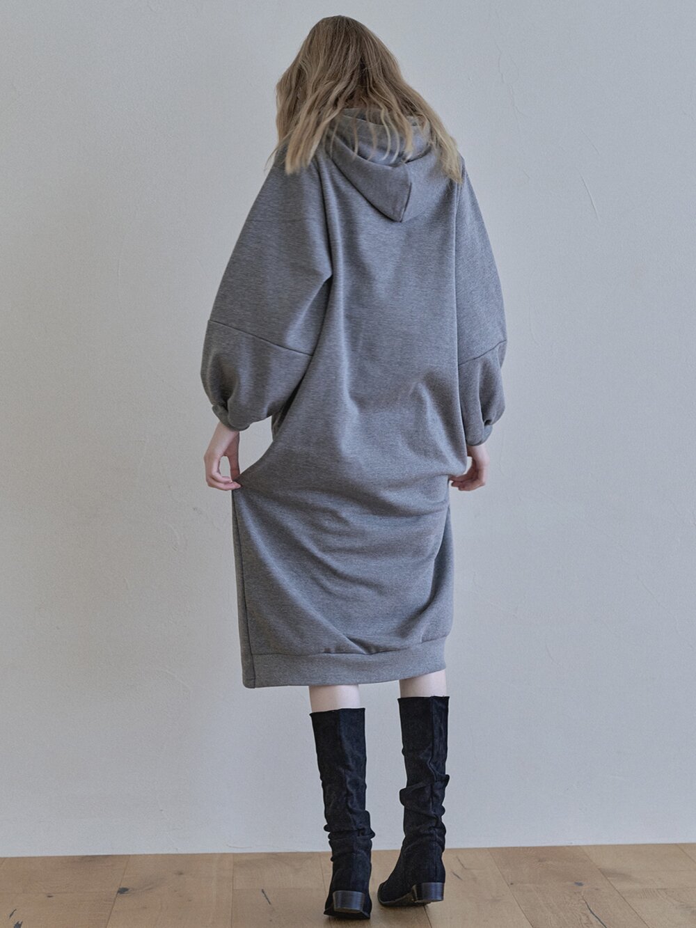 Volume Sleeve Long Hooded Dress - CHARCOAL (기모)