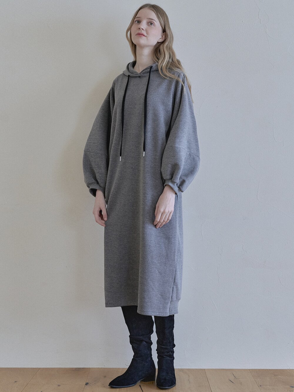 Volume Sleeve Long Hooded Dress - CHARCOAL (기모)