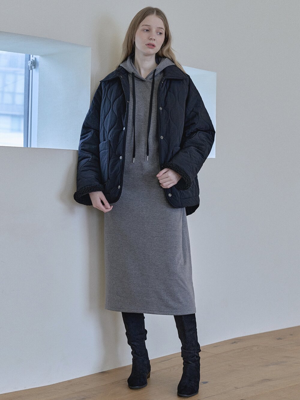 Volume Sleeve Long Hooded Dress - CHARCOAL (기모)