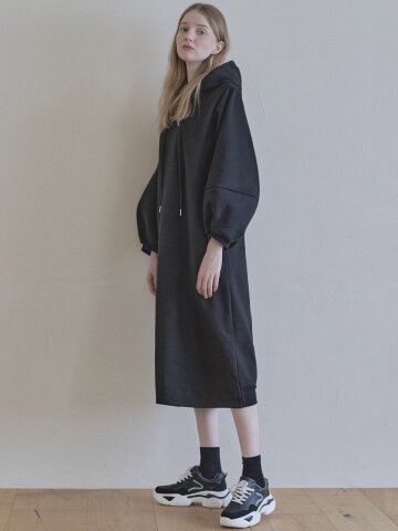 Volume Sleeve Long Hooded Dress - BLACK (기모)