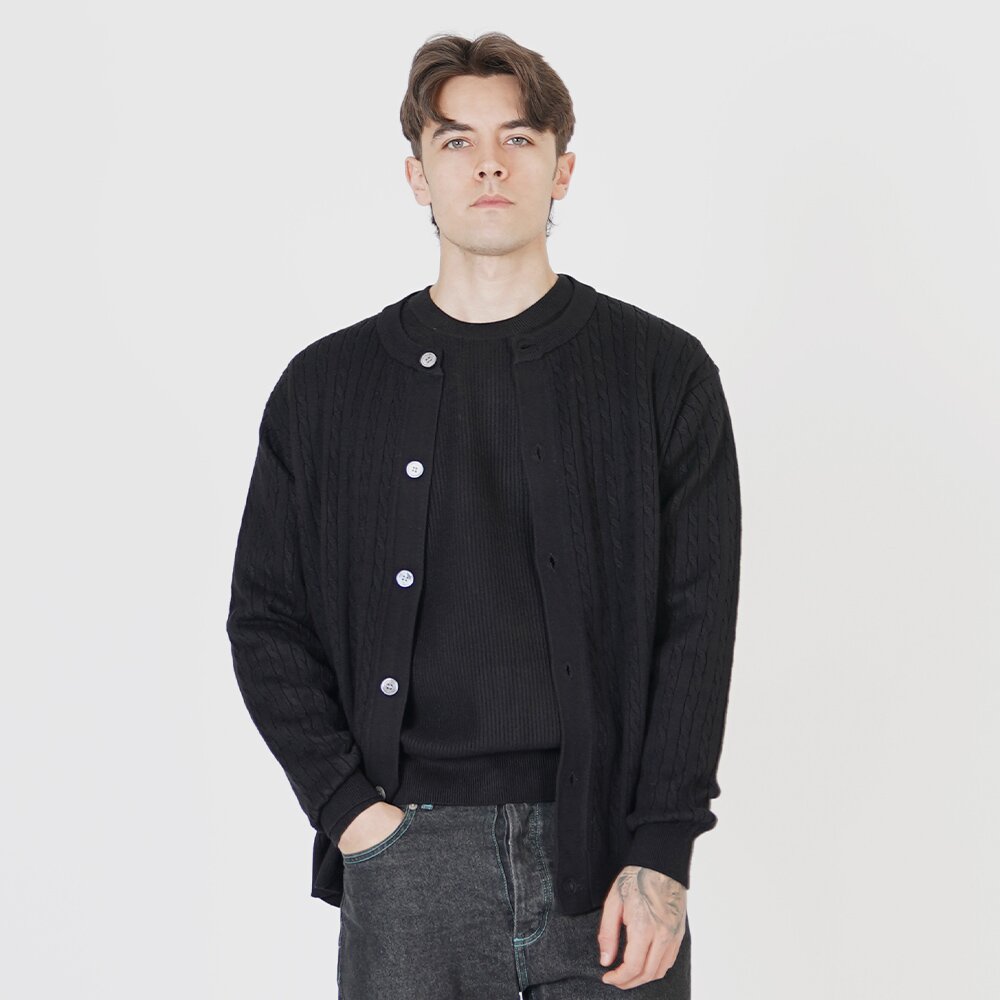 Silket Cable Round-neck Cardigan (Black)