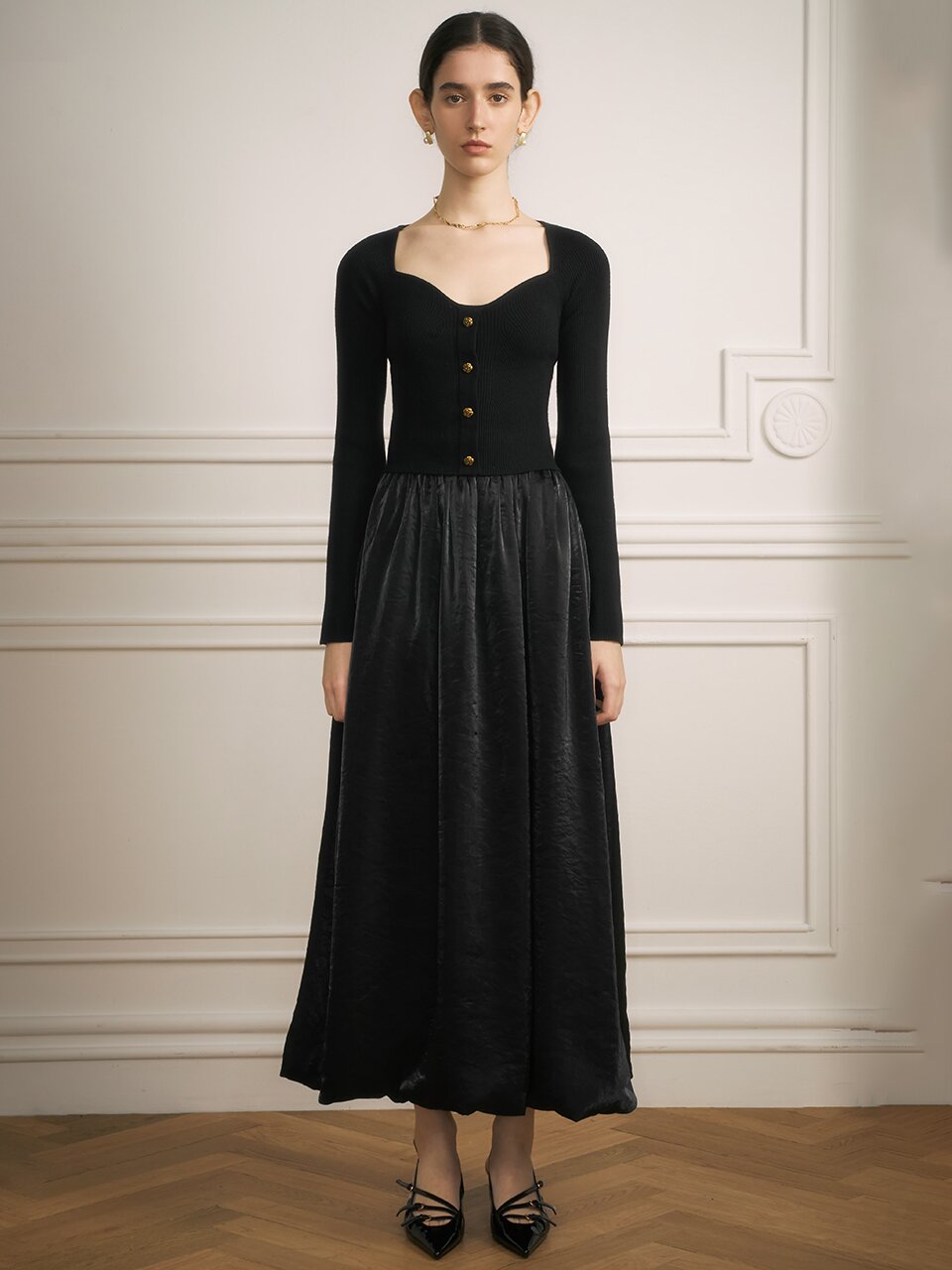 YY Moonlight satin long skirt_BLACK