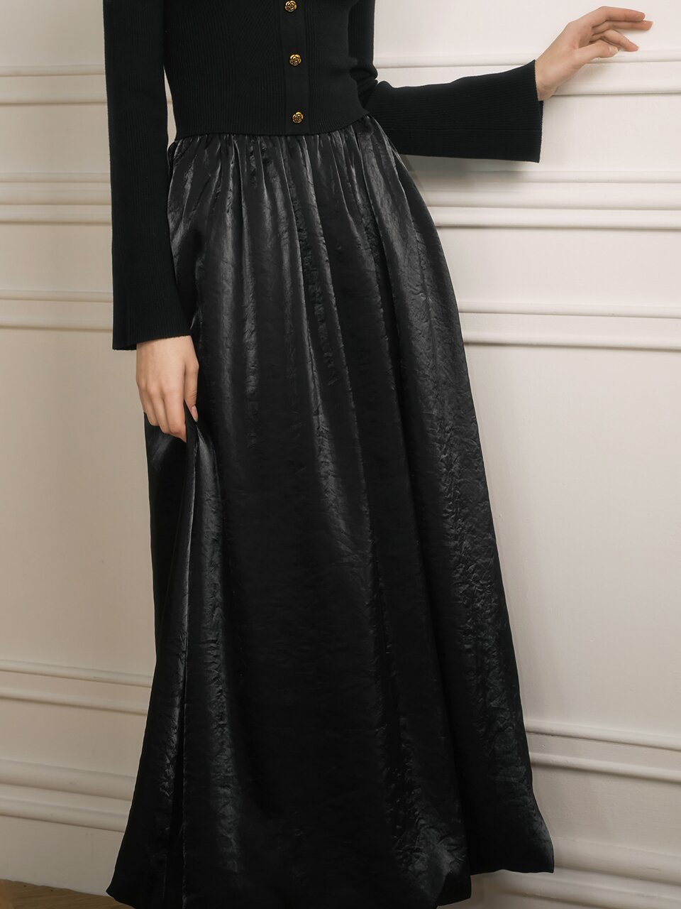 YY Moonlight satin long skirt_BLACK