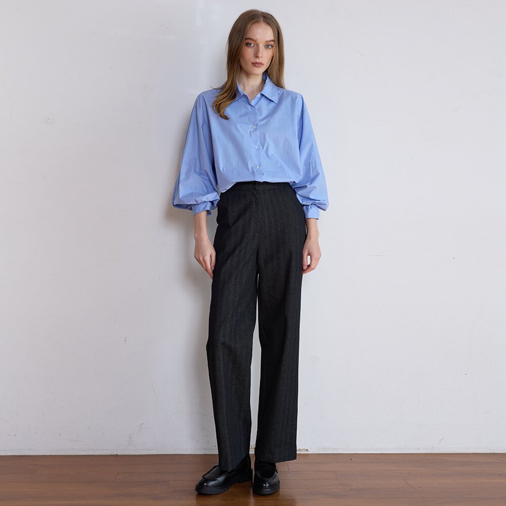 HERRINGBONE STRAIGHT PANTS - BLACK