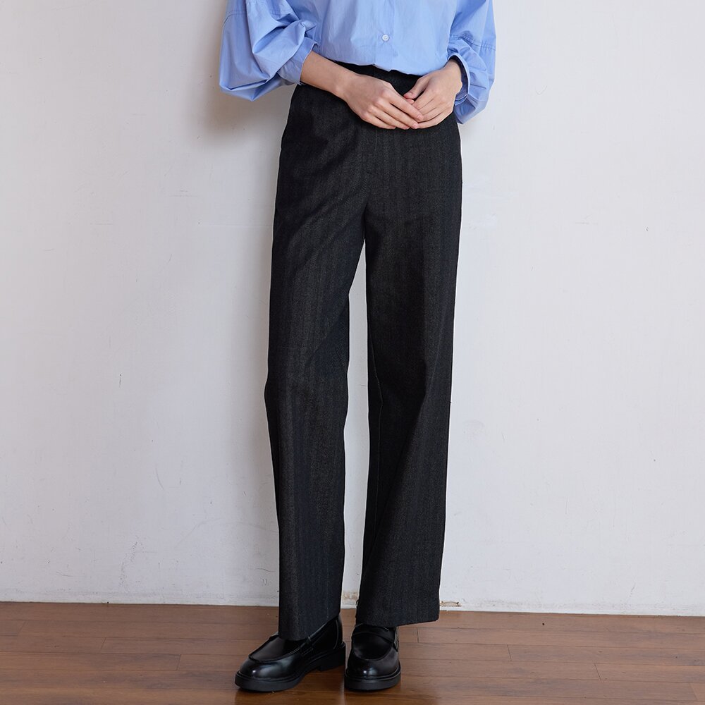 HERRINGBONE STRAIGHT PANTS - BLACK