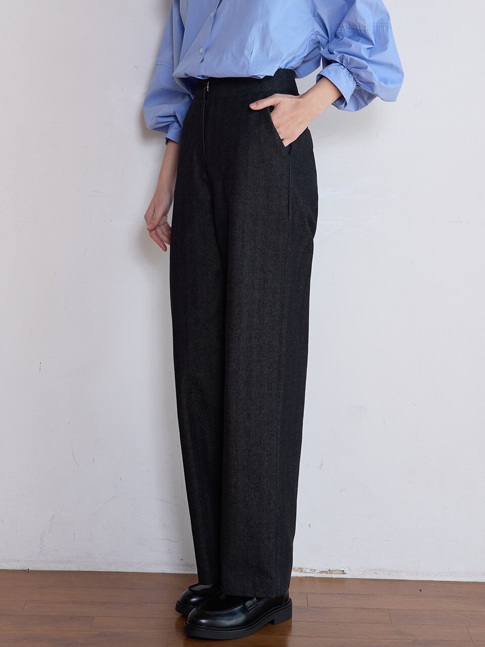 HERRINGBONE STRAIGHT PANTS - BLACK