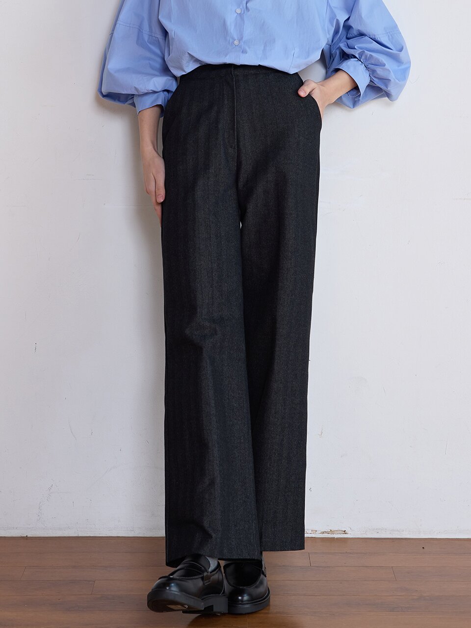 HERRINGBONE STRAIGHT PANTS - BLACK