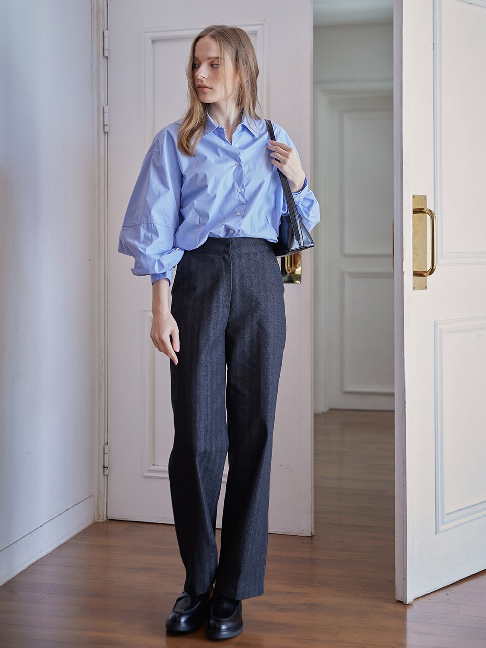 HERRINGBONE STRAIGHT PANTS - BLACK