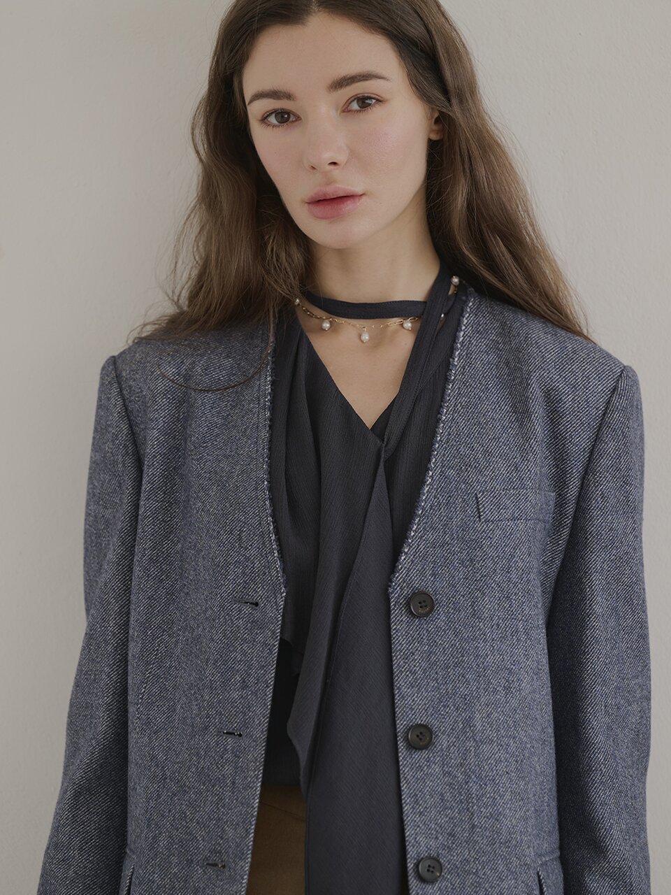 [레이허] Raw Edge No Collar Jacket