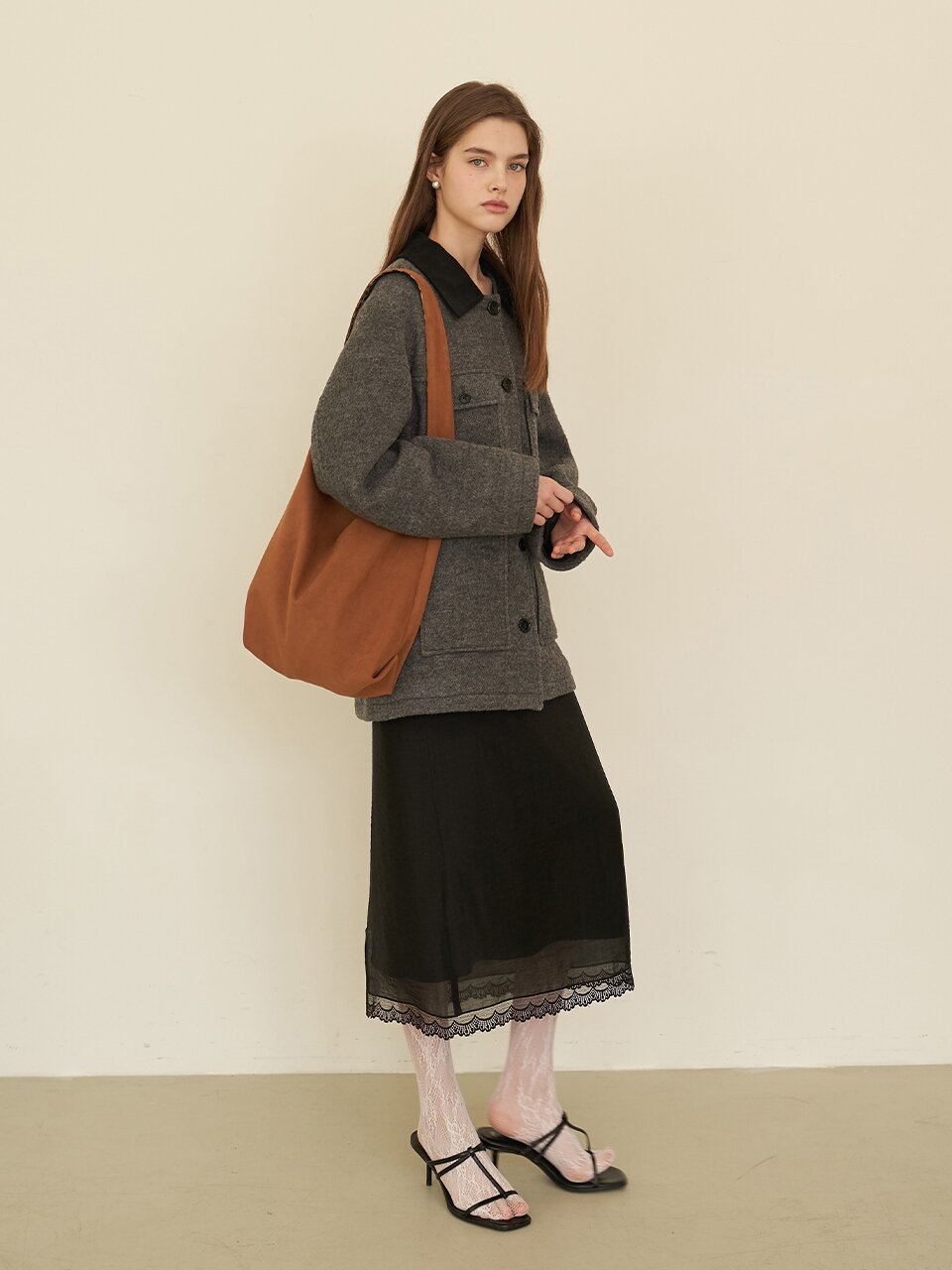 [에프코코로미즈] sheer lace layered long skirt BK