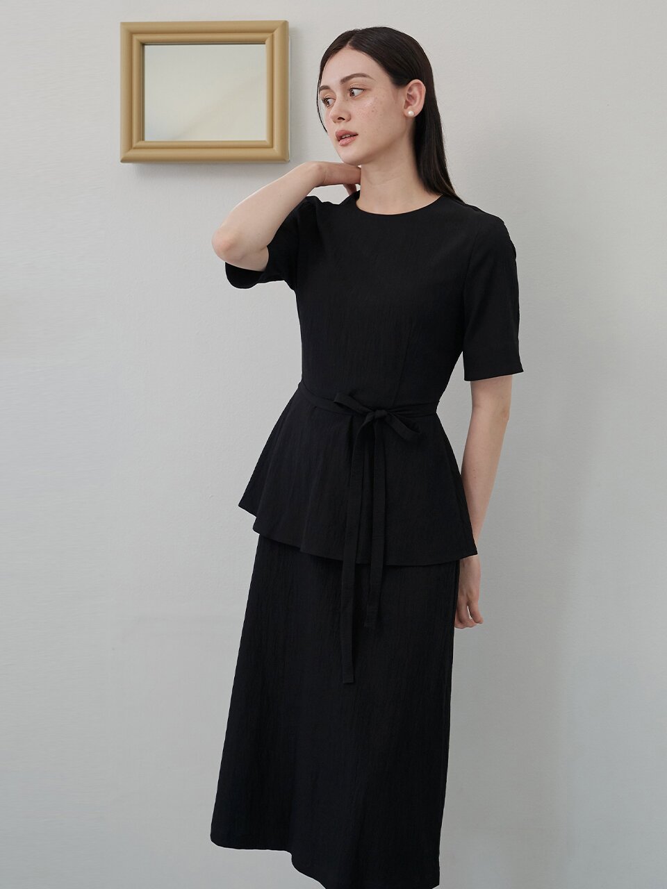 [에프코코로미즈] round neck layered dress BK