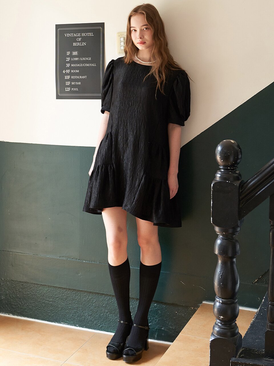 [에프코코로미즈] coco lovely shirring mini dress BK