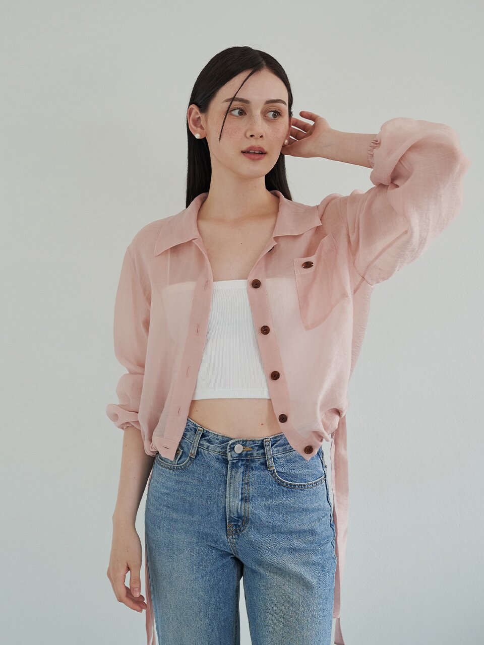 [에프코코로미즈] coco ribbon sheer blouse PK