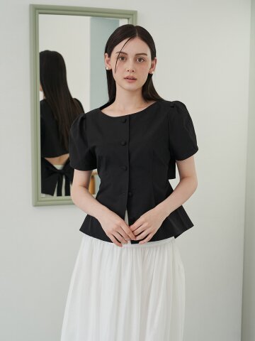 [에프코코로미즈] back point round neck blouse BK