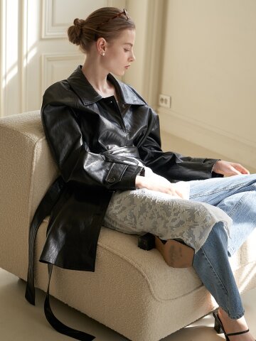 [에프코코로미즈] 24 coco leather half trench coat BK