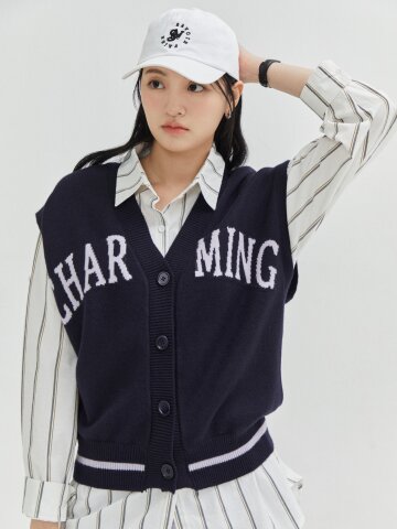 레터링 버튼 브이넥 니트 베스트 